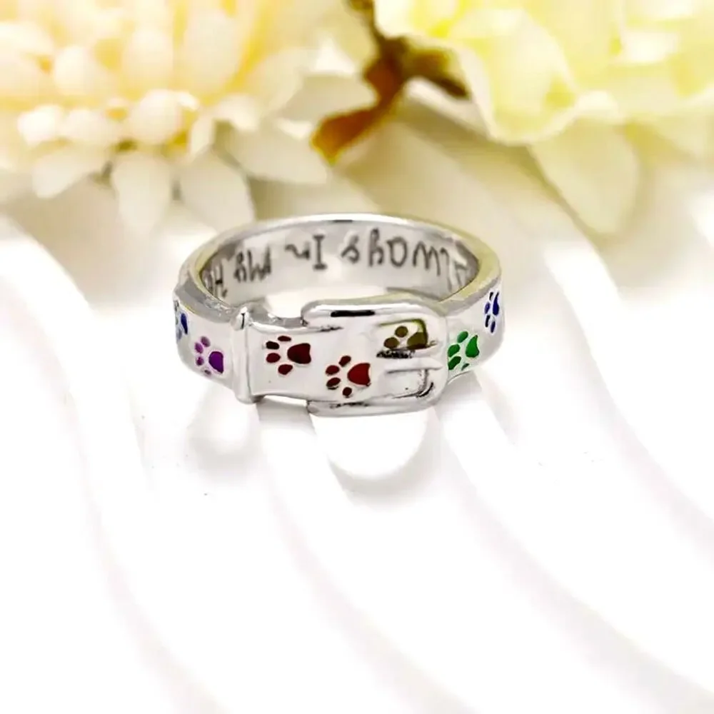 NWT Pet Collar Ring Sz 10/ Rainbow Dog Cat Paw Print engraved Always in my Heart